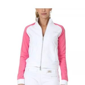 BCBG MAXAZRIA size XL Branded Logo Jacket & Pant Set White/Pink, new